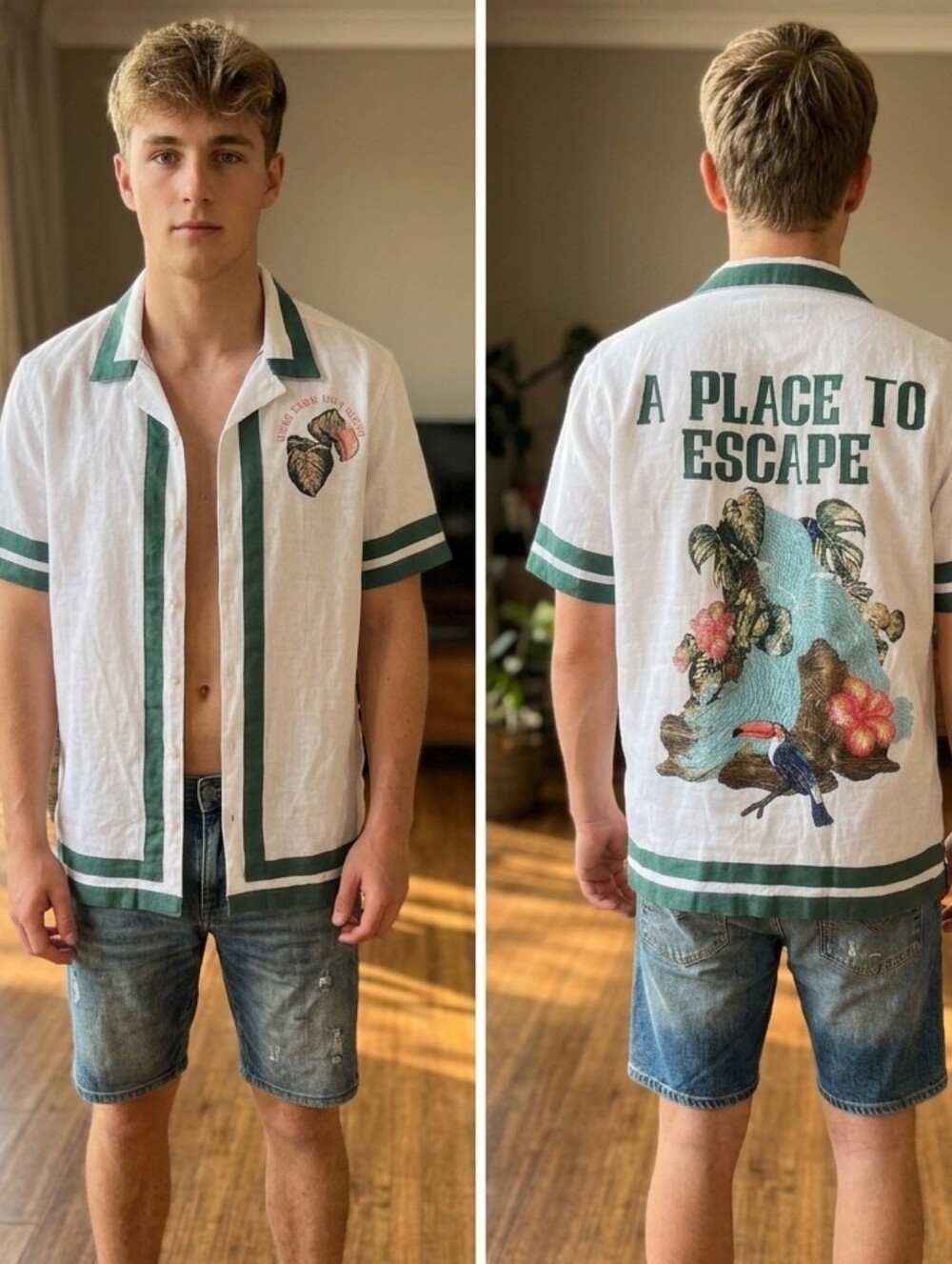 A Place To Escape White Linen Short-Sleeve Vacation Shirt w/Green Trim Sz Size L
